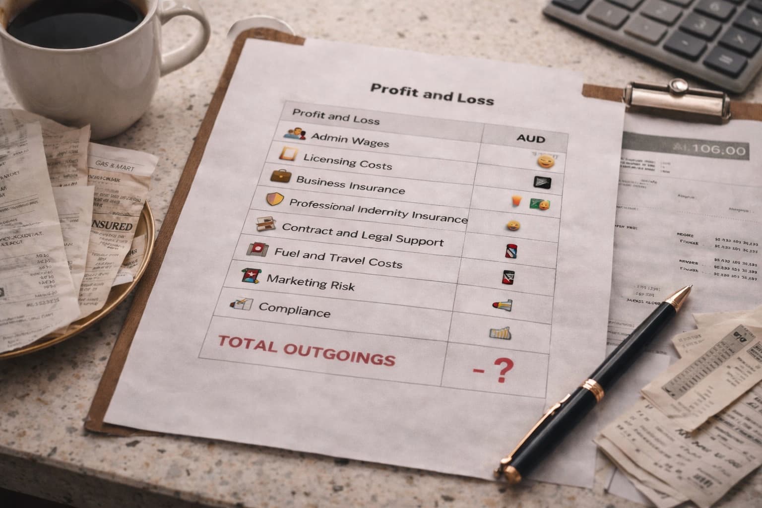 Creative visual showing real estate business outgoings, paperwork and professional costs behind commission